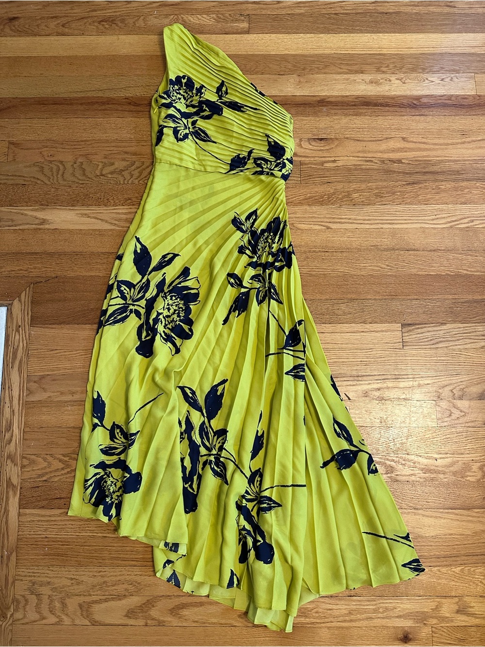 Nicole Miller One-Shoulder Neon Yellow Dress with Navy Floral Print